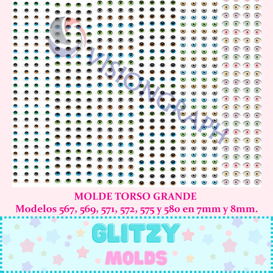 Ojos 3D, MOLDE TORSO GRANDE Modelos 567, 569, 571, 572, 575 y 580 en 7mm y 8mm. HOJA DE 11X17 PULGADAS