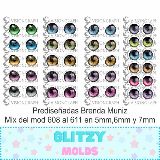 3D Eye Decals, 3D eye Mix Styles and Colors MIX 608 to 611 in sizes 5mm, 6mm and 7mm, 11X17 INCHES SHEET