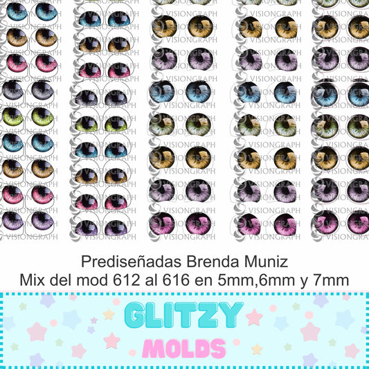3D Eye Decals, 3D eye Mix Styles and Colors MIX 612 to 616 in sizes 5mm, 6mm and 7mm, 11X17 INCHES SHEET