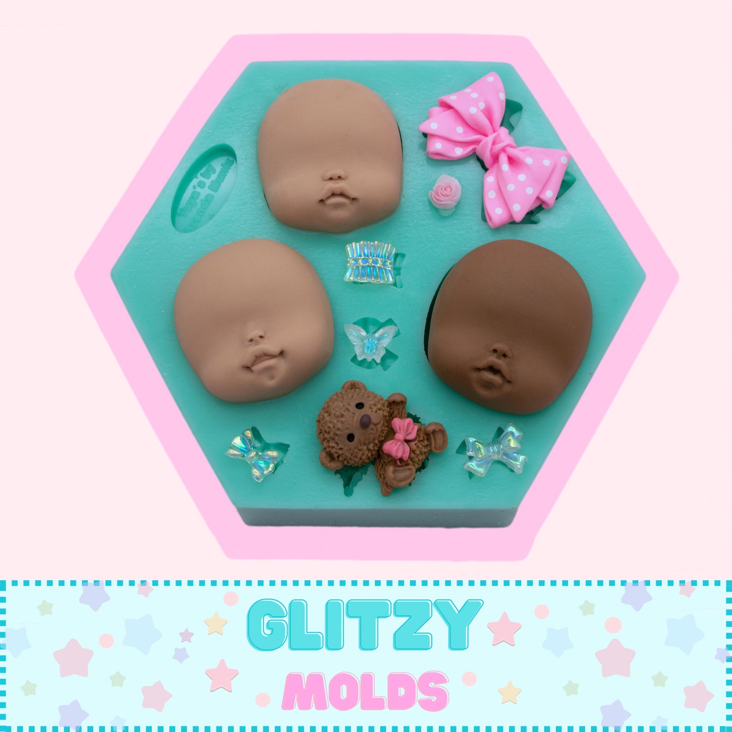 Doll Face Mold,  3 Sweet Faces, Silicone Mold, Trio de Caritas por Yuya's by Brenda Muñiz YBM-6
