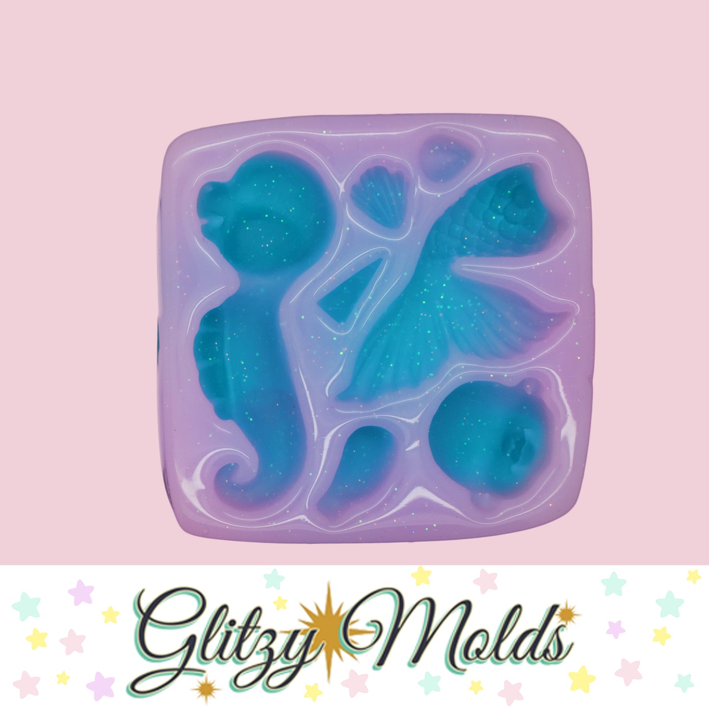 Mermaid and Seahorse Applique Silicone Mold, Molde #114 de Tookie Shop TS-114