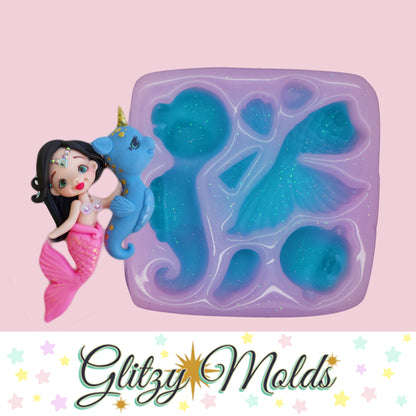 Mermaid and Seahorse Applique Silicone Mold, Molde #114 de Tookie Shop TS-114