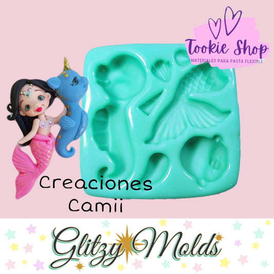 Mermaid and Seahorse Applique Silicone Mold, Molde #114 de Tookie Shop TS-114