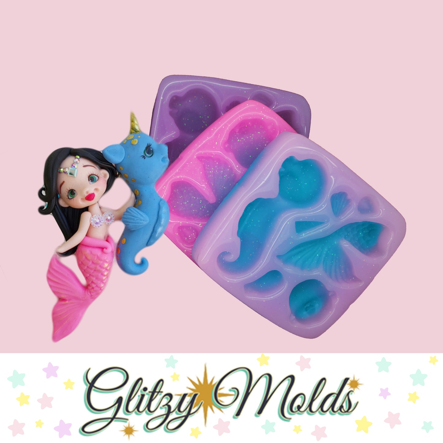 Mermaid and Seahorse Applique Silicone Mold, Molde #114 de Tookie Shop TS-114