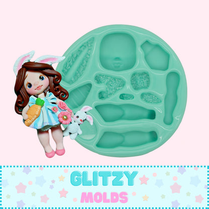 Girl and her Bunny, Doll Applique Silicone Mold, Molde de Silicon #31 de Tookie Shop TS-31